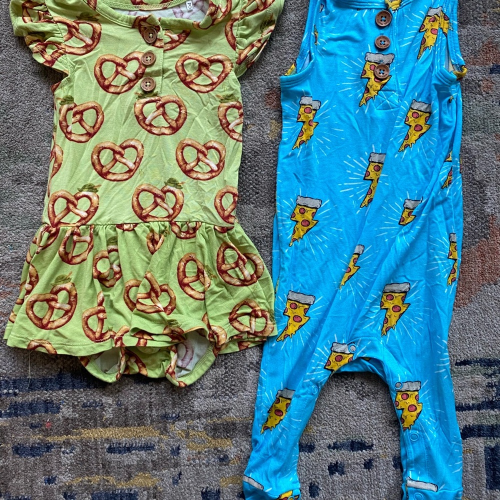 Posh Peanut Green Pretzel and Blue Pizza Kids One Pieces